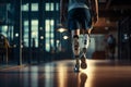 Unrecognizable Amputee Sportsman Walking with Bionic Prosthetic Legs