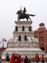 AMRITSAR, INDIA - MARCH 18, 2019: wide shot of the statue of maharaja ranjit singh in amritsar