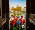 AMRITSAR, PUNJAB - APRIL 30: Pilgrims in the Golden Temple (Harmandir Sahib) on April 30, 2018 in Amritsar. Royalty Free Stock Photo