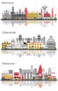 Amritsar, Varanasi and Udaipur India City Skylines with Color Buildings and Reflections Isolated on White