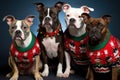 Amstaff dog family wearing ugly Christmas sweaters. Generative AI