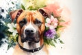 Amstaff portrait with flowers in the background.