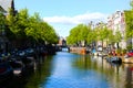 Amstel river with boats in sunny day, Netherlands.