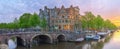 Amstel river, canals and night view of beautiful Amsterdam city. Netherlands Royalty Free Stock Photo