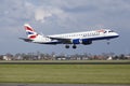 Amsterdam Airport Schiphol - British Airways Embraer 190 lands Royalty Free Stock Photo