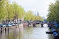 AMSTERDAM-APRIL 30: Amsterdam cityscape with row of cars parked along the canal on April 30,2015, the Netherlands. Royalty Free Stock Photo