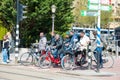 AMSTERDAM-APRIL 30: Locals on bicycles stop at traffica light on April 30,2015, the Netherlands.