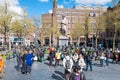 Amsterdam-April 30: Rembrandtplein with a bronze-cast representation The Night Watch, by Mikhail Dronov and Alexander Taratynov.