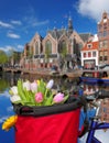 Amsterdam with basket of colorful tulips against canal in Holland