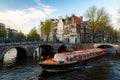 Amsterdam canal cruise ship with Netherlands traditional house in Amsterdam, Netherlands Royalty Free Stock Photo