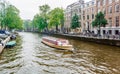 Amsterdam canal cruise ship with Netherlands traditional house. Royalty Free Stock Photo