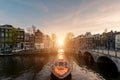 Amsterdam canal cruise ship with Netherlands traditional house i Royalty Free Stock Photo