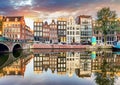 Amsterdam Canal houses at sunset reflections, Netherlands