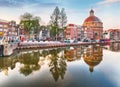 Amsterdam Canal houses at sunset reflections, Netherlands Royalty Free Stock Photo