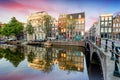 Amsterdam Canal houses at sunset reflections, Netherlands Royalty Free Stock Photo