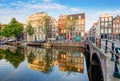 Amsterdam Canal houses vibrant reflections, Netherlands, panora Royalty Free Stock Photo