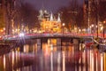Amsterdam canal Kloveniersburgwal and Nieuwmarkt Royalty Free Stock Photo