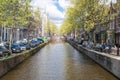 Amsterdam canal with parked cars along the bank. Royalty Free Stock Photo