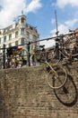 Amsterdam canal scene with bicycles and bridges Royalty Free Stock Photo