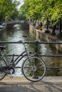 Amsterdam canal scene with bicycles and bridges Royalty Free Stock Photo