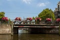 Amsterdam canal scene with bicycles and bridges Royalty Free Stock Photo