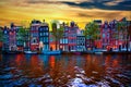 Amsterdam canal with typical dutch houses on sunrise, Holland, Netherlands.