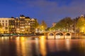 Amsterdam canals with bridge and typical dutch houses. Holland