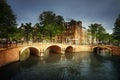 Amsterdam canals with bridge and typical houses