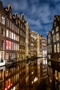 Amsterdam canals and houses against night cityscape of Amsterdam, Holland Netherlands Royalty Free Stock Photo