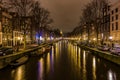 Amsterdam in the evening, houses with a system of canals and narrow houses with gable facades in the evening