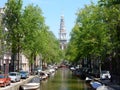 Amsterdam center - canal Groenburgwal with church Zuiderkerk Royalty Free Stock Photo