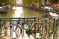 Amsterdam, city of bikes. Day light during the rain. Royalty Free Stock Photo