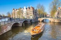 Amsterdam city with dutch old buildings and boat in Amsterdam ci