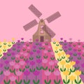 Amsterdam city flat art. Travel landmark, architecture of netherlands, Holland houses, windmill in tulips Royalty Free Stock Photo