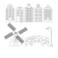 Amsterdam city flat line art. Travel landmark, architecture of netherlands, Holland houses, european building isolated set, windmi Royalty Free Stock Photo