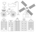 Amsterdam city flat line art. Travel landmark, architecture of netherlands, Holland houses, european building isolated