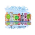 Amsterdam city illustration with watercolor hand drawn old european houses, trees and reflections in water