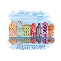 Amsterdam city illustration with watercolor hand painted old european houses and reflections in water Royalty Free Stock Photo