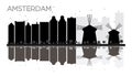 Amsterdam City skyline black and white silhouette with reflections. Royalty Free Stock Photo