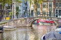 Amsterdam Cityscape With Bicycles and Bikes Along With Arched Bridge For Canal Boat Cruises in The Netherlands Royalty Free Stock Photo