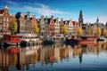 Amsterdam cityscape with canals and boats, Holland, Netherlands, Amsterdam Netherlands dancing houses over river Amstel landmark,