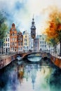 Amsterdam cityscape, dutch canal, historical city architecture, printable wall art, vertical watercolor painting