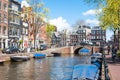 Amsterdam cityscape with row of cars, bikes and boats parked along the Amsterdam canal during the sunny day on April 30,2015. Royalty Free Stock Photo