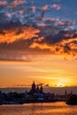 Amsterdam cityscape skyline with Church of Saint Nicholas on su