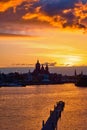 Amsterdam cityscape skyline with Church of Saint Nicholas on su