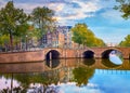 Amsterdam Downtown. Beautiful sky at sunrise, old houses, canals and bridges. Calm reflections in the water. Heart of Amsterdam Royalty Free Stock Photo