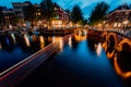 Amsterdam evening illuminated down town city. Touristic boat light trails and bridge reflections at the Leidsegracht and
