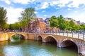 Amsterdam, with flowers and bicycles on the bridges over the canals, Holland, Netherlands. Royalty Free Stock Photo