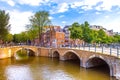 Amsterdam, with flowers and bicycles on the bridges over the canals, Holland, Netherlands. Royalty Free Stock Photo