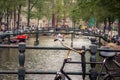 Amsterdam, with flowers and bicycles on the bridges over the canals, Holland, Netherlands. Royalty Free Stock Photo